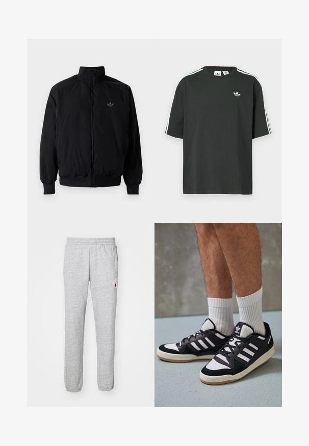 Černá zipová bunda s vysokým límcem, vyrobená z lehkého materiálu. Má elastické manžety a pas, s malým logem na horní levé straně.; Černé bavlněné tričko s krátkými rukávy, kulatým výstřihem a bílými třemi pruhy na ramenou. Na hrudi je malá bílá logo.; Šedé tepláky z měkké látky, s elastickým pasem, bočními kapsami a malým logem na levém stehně.; Černobílé tenisky s vrchní částí z semišové a kožené kůže, včetně tří bílých pruhů, perforovaného špičky a podrážky z gumy.