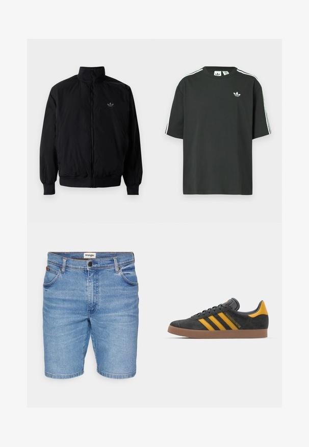 Black zipped jacket with high collar, made of lightweight material. Features elastic cuffs and waistband, with a small logo on the upper left.; Black cotton t-shirt with short sleeves, crew neckline, and white three-stripe detailing on shoulders. Features a small white logo on chest.; Wrangler TEXAS - Denim shorts - guardian; Black suede sneaker with yellow accents, featuring three stripes and a brown rubber sole. Includes a padded tongue for comfort.