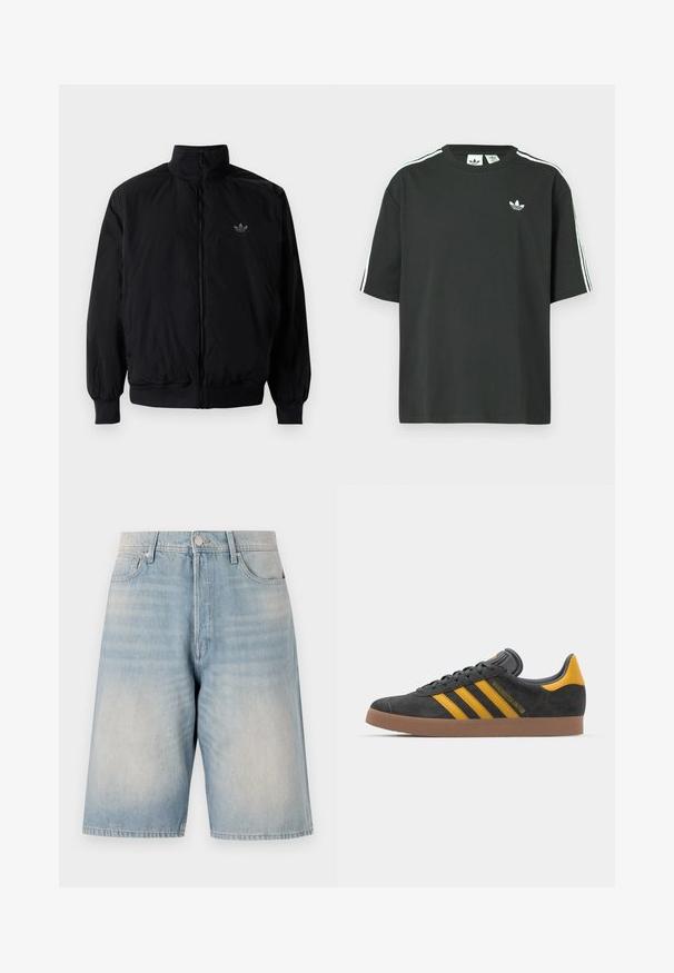 Giacca nera con zip e colletto alto, realizzata in materiale leggero. Presenta polsini e vita elastici, con un piccolo logo in alto a sinistra.; Maglietta nera in cotone con maniche corte, scollo rotondo e dettagli bianchi a tre strisce sulle spalle. Presenta un piccolo logo bianco sul petto.; Shorts in denim azzurro chiaro con vestibilità rilassata. Presentano una chiusura con bottone, passanti per cintura e due tasche anteriori. Texture sbiadita su tutta la superficie.; Sneaker in suede nero con dettagli gialli, dotato di tre strisce e una suola in gomma marrone. Include una linguetta imbottita per il comfort.