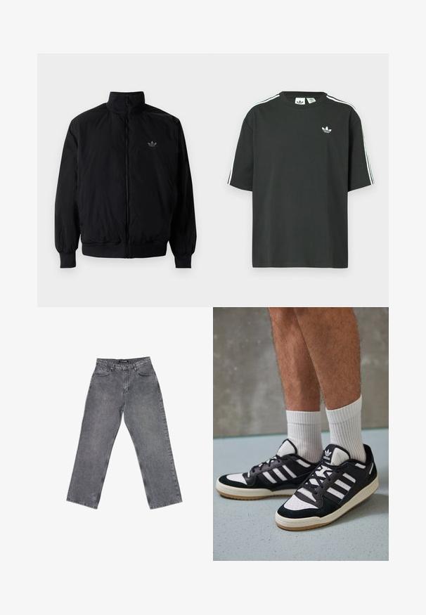 Zwarte geluiting jack met hoge kraag, gemaakt van lichtgewicht materiaal. Voorzien van elastische manchetten en tailleband, met een klein logo op de linkerbovenkant.; Zwart katoenen T-shirt met korte mouwen, ronde hals en witte drie-strepen details op de schouders. Heeft een klein wit logo op de borst.; Grijze denim broek met een recht model, voorzien van vijf zakken, riemlussen en een vervaagde textuur. Eenvoudig ontwerp, geen zichtbare patronen.; Zwart-witte sneakers met een bovenwerk van suede en leer, voorzien van drie witte strepen, een geperforeerde neus en een rubberen gumzool.