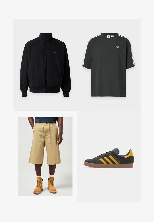 Czarna kurtka zapinana na zamek z wysokim kołnierzem, wykonana z lekkiego materiału. Posiada elastyczne mankiety i pas, oraz małe logo na górnej lewej stronie.; Czarny bawełniany t-shirt z krótkimi rękawami, okrągłym dekoltem i białym detalem w postaci trzech pasków na ramionach. Na piersi znajduje się małe białe logo.; Beżowe szorty wykonane z bawełny o luźnym kroju, z elastycznym paskiem i bocznymi kieszeniami. Zestawione z brązowymi butami roboczymi i białymi skarpetkami.; Czarne zamszowe sneakersy z żółtymi akcentami, z trzema paskami i brązową gumową podeszwą. Posiadają wyściełany język dla większego komfortu.