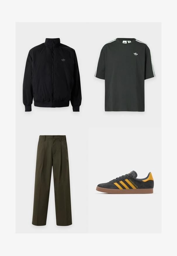 Svart zipjacka med hög krage, tillverkad av lätt material. Har elastiska cuffar och midja, med en liten logo på övre vänster.; Svart bomulls-t-shirt med korta ärmar, rund halsringning och vita tre ränder på axlarna. Har en liten vit logotyp på bröstet.; Olivgrön vida byxor i bomull med en slät textur, med en framficka, bälteshällor och en enkel knappknäppning.; Svart mockaskor med gula accenter, med tre ränder och en brun gummisula. Inkluderar en vadderad tunga för extra komfort.