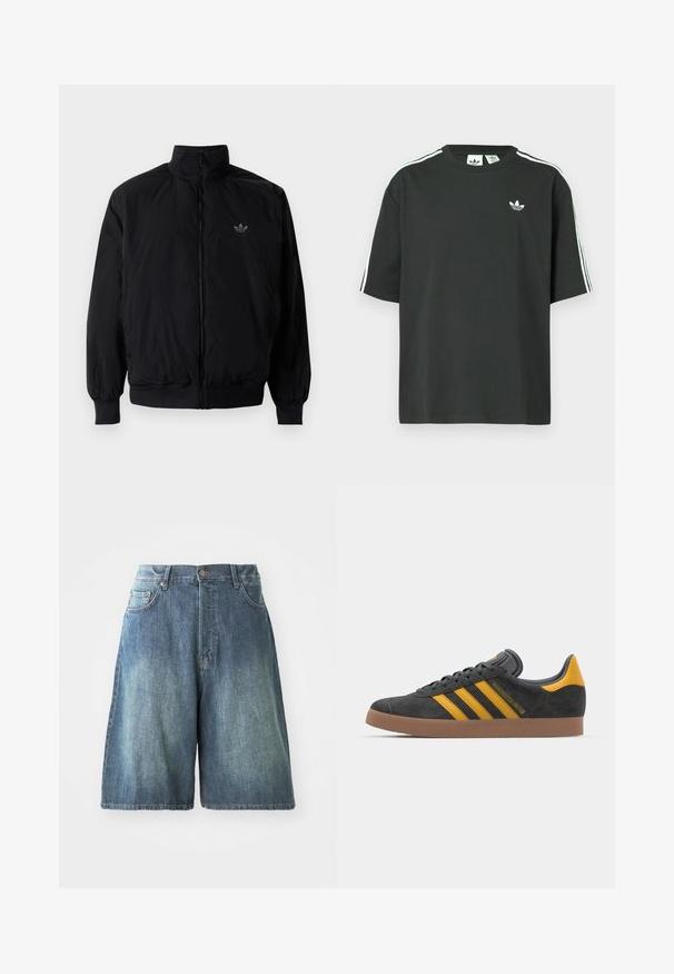 Zwarte geluiting jack met hoge kraag, gemaakt van lichtgewicht materiaal. Voorzien van elastische manchetten en tailleband, met een klein logo op de linkerbovenkant.; Zwart katoenen T-shirt met korte mouwen, ronde hals en witte drie-strepen details op de schouders. Heeft een klein wit logo op de borst.; Denim shorts in een medium blauwe wassing, met een hoge taille, vijf zakken en een rechte pasvorm. Kenmerkende whisker-details aan de voorkant.; Zwarte suède sneakers met gele accenten, voorzien van drie strepen en een bruine rubberen zool. Inclusief een gevoerde tong voor comfort.