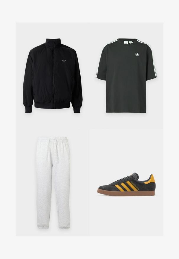 Black zipped jacket with high collar, made of lightweight material. Features elastic cuffs and waistband, with a small logo on the upper left.; Black cotton t-shirt with short sleeves, crew neckline, and white three-stripe detailing on shoulders. Features a small white logo on chest.; Light grey sweatpants made of soft material, featuring an elastic waistband with drawstrings and elastic cuffs at the ankles.; Black suede sneaker with yellow accents, featuring three stripes and a brown rubber sole. Includes a padded tongue for comfort.