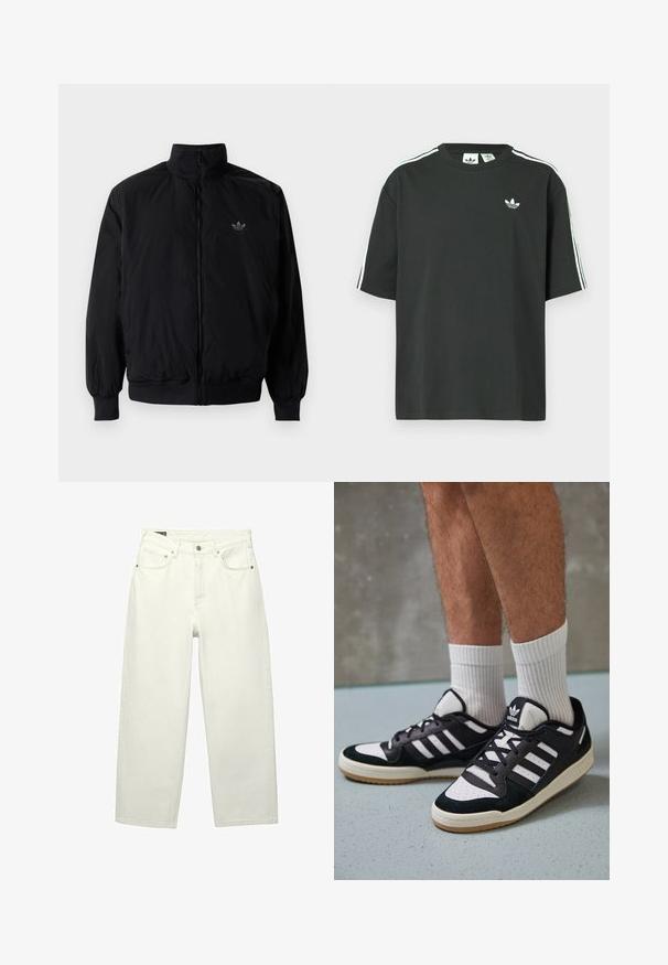 Čierna zips kombinéza s vysokým golierom, vyrobená z ľahkého materiálu. Obsahuje elastické manžety a pás, s malým logom na hornej ľavej strane.; Čierne bavlnené tričko s krátkymi rukávmi, okrúhlym výstrihom a bielymi tromi pruhmi na ramenách. Na hrudi je malý biely logo.; Biele denimové nohavice s širokými nohavicami a vysokým pásom, piatimi vreckami, zapínaním na gombík a jemnou textúrou, s rovnými a voľne strihanými nohavicami.; Čierno-biele tenisky s vrchom z semišu a kože, s troma bielymi pruhmi, perforovanou špičkou a gumovou podrážkou.