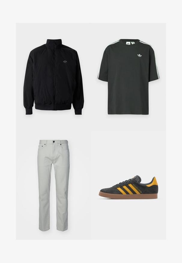 Crna jakna na zip s visokim ovratnikom, izrađena od laganog materijala. Ima elastične manžete i pojas, s malim logotipom na gornjem lijevom dijelu.; Crna pamučna majica kratkih rukava, s okruglim izrezom i bijelim detaljima u obliku triju pruga na ramenima. Na prsima se nalazi mali bijeli logotip.; Svijetlosivi pamučni hlače ravnog kroja, s prednjim džepovima, zatvaranjem na patentni zatvarač i metalnim gumbom. Glatka tekstura, minimalistički dizajn.; Crne nubuk tenisice s žutim detaljima, sa tri pruge i smešnim gumenim potplatom. Imaju jastučić na jeziku za udobnost.