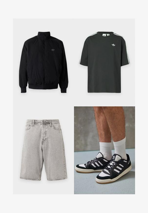 Veste noire à fermeture éclair avec col haut, fabriquée en matériau léger. Dotée de poignets et d'une taille élastiques, avec un petit logo en haut à gauche.; T-shirt en coton noir à manches courtes, col rond, avec un détail blanc à trois bandes sur les épaules. Présente un petit logo blanc sur la poitrine.; Shorts en denim gris avec une coupe relax, présentant une taille haute, cinq poches et des coutures visibles, offrant une finition texturée.; Baskets noir et blanc avec une tige en suède et cuir, comportant trois rayures blanches, un bout perforé et une semelle en caoutchouc gum.