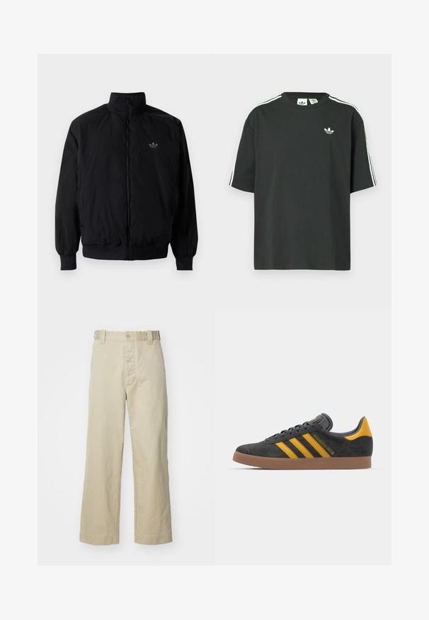 Veste noire à fermeture éclair avec col haut, fabriquée en matériau léger. Dotée de poignets et d'une taille élastiques, avec un petit logo en haut à gauche.; T-shirt en coton noir à manches courtes, col rond, avec un détail blanc à trois bandes sur les épaules. Présente un petit logo blanc sur la poitrine.; Pantalons en coton beige avec une coupe droite, dotés d'une fermeture à bouton à l'avant et de passants de ceinture ; texture lisse sans motifs.; Baskets en suede noir avec des accents jaunes, présentant trois rayures et une semelle en caoutchouc marron. Comprend une languette rembourrée pour le confort.