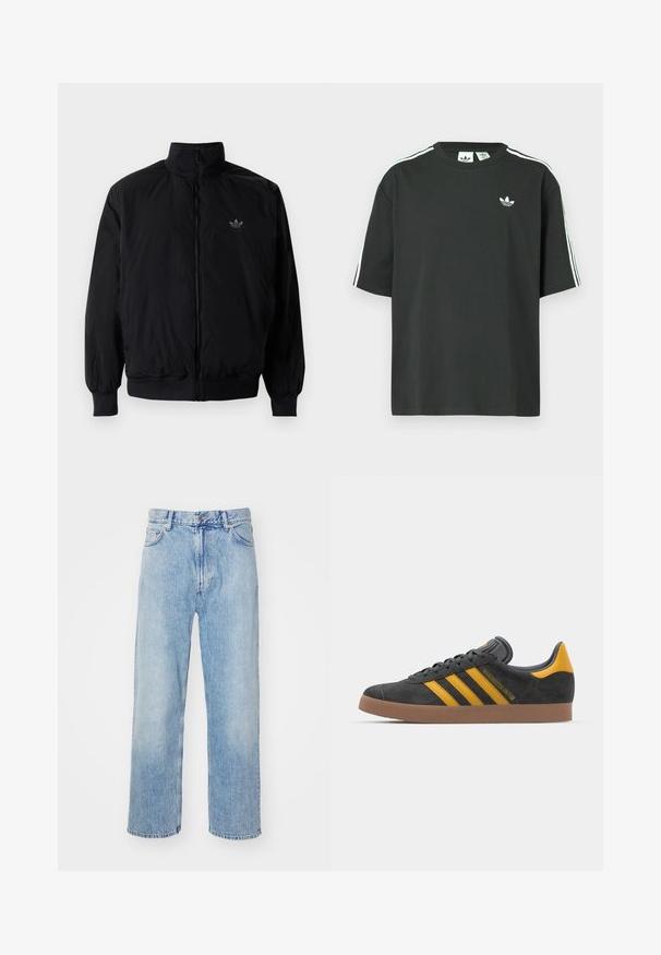 Schwarze Jacke mit Reißverschluss und hohem Kragen, aus leichtem Material gefertigt. Verfügt über elastische Bündchen und einen elastischen Saum, mit einem kleinen Logo oben links.; Schwarzes Baumwoll-T-Shirt mit kurzen Ärmeln, Rundhalsausschnitt und weißen Dreistreifen-Details auf den Schultern. Verfügt über ein kleines weißes Logo auf der Brust.; Hellblaue Denim-Jeans mit geradem Bein, kontrastierenden Nähten, fünf Taschen und einem klassischen Knopfverschluss.; Schwarze Wildledersneaker mit gelben Akzenten, ausgestattet mit drei Streifen und einer braunen Gummisohle. Enthält eine gepolsterte Zunge für zusätzlichen Komfort.