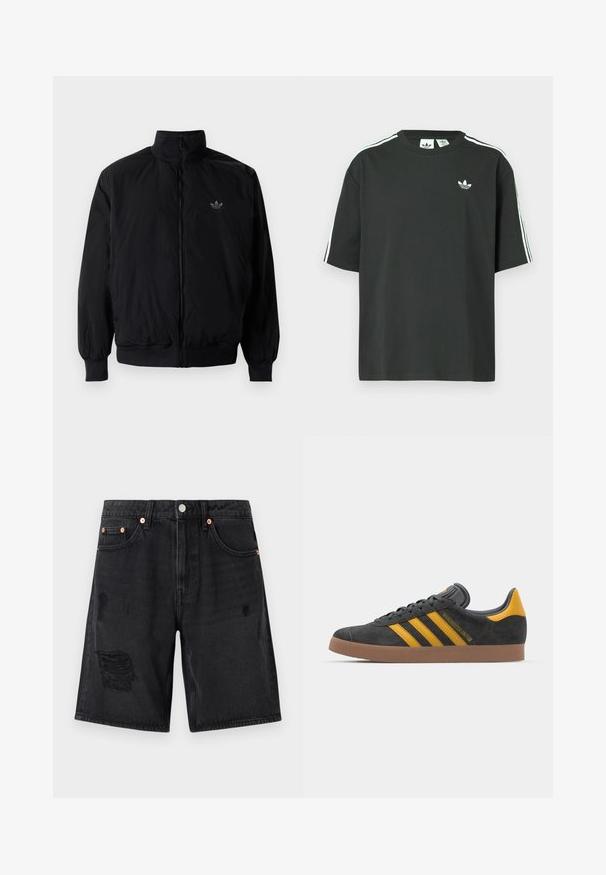 Veste noire à fermeture éclair avec col haut, fabriquée en matériau léger. Dotée de poignets et d'une taille élastiques, avec un petit logo en haut à gauche.; T-shirt en coton noir à manches courtes, col rond, avec un détail blanc à trois bandes sur les épaules. Présente un petit logo blanc sur la poitrine.; Shorts en denim noir avec des détails usés, design à cinq poches et quincaillerie en ton cuivre. Le tissu a une texture lisse.; Baskets en suede noir avec des accents jaunes, présentant trois rayures et une semelle en caoutchouc marron. Comprend une languette rembourrée pour le confort.