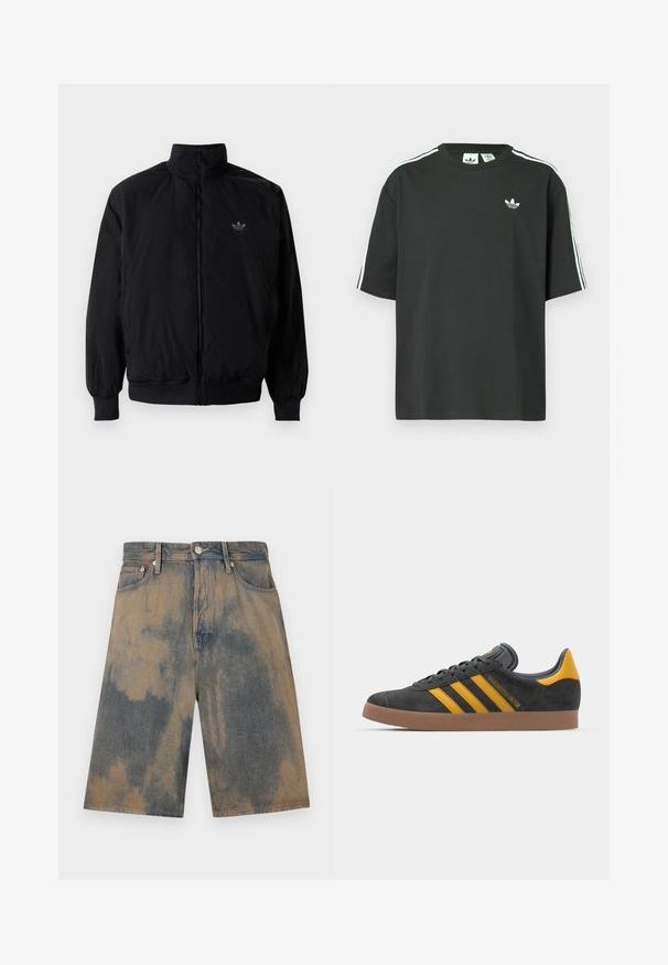 Czarna kurtka zapinana na zamek z wysokim kołnierzem, wykonana z lekkiego materiału. Posiada elastyczne mankiety i pas, oraz małe logo na górnej lewej stronie.; Czarny bawełniany t-shirt z krótkimi rękawami, okrągłym dekoltem i białym detalem w postaci trzech pasków na ramionach. Na piersi znajduje się małe białe logo.; Szorty dżinsowe w wyblakłym niebieskim i beżowym efektcie tie-dye, z klasycznym pięciopocketowym wzorem i metalowymi detalami.; Czarne zamszowe sneakersy z żółtymi akcentami, z trzema paskami i brązową gumową podeszwą. Posiadają wyściełany język dla większego komfortu.