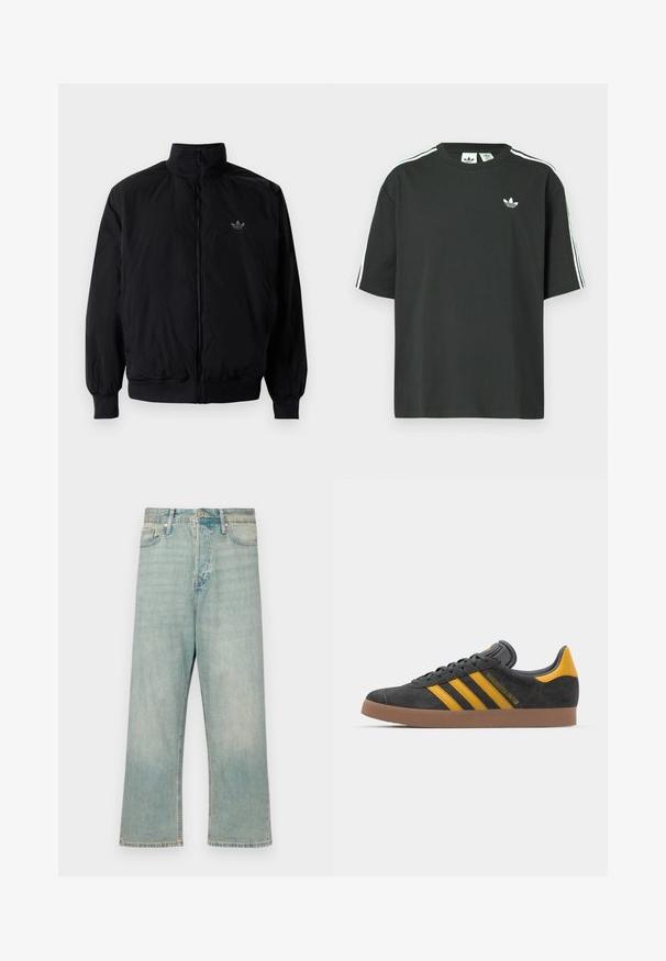 Čierna zips kombinéza s vysokým golierom, vyrobená z ľahkého materiálu. Obsahuje elastické manžety a pás, s malým logom na hornej ľavej strane.; Čierne bavlnené tričko s krátkymi rukávmi, okrúhlym výstrihom a bielymi tromi pruhmi na ramenách. Na hrudi je malý biely logo.; Svetlomodré denimové džínsy s voľným strihom, rovnými nohavicami a opotrebovaným vzhľadom; obsahujú klasické zapínanie na gombík a zips.; Čierne semišové tenisky so žltými akcentmi, ktoré majú tri pruhy a hnedú gumovú podrážku. Obsahujú vypolstrovaný jazyk pre pohodlie.