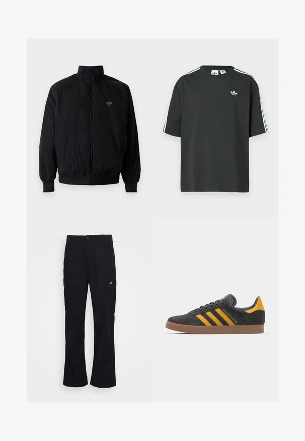 Čierna zips kombinéza s vysokým golierom, vyrobená z ľahkého materiálu. Obsahuje elastické manžety a pás, s malým logom na hornej ľavej strane.; Čierne bavlnené tričko s krátkymi rukávmi, okrúhlym výstrihom a bielymi tromi pruhmi na ramenách. Na hrudi je malý biely logo.; Čierne cargo nohavice so vzorom rovného strihu, vyrobené z odolnej tkaniny, s bočnými vreckami a nášivkou logo na ľavej strane.; Čierne semišové tenisky so žltými akcentmi, ktoré majú tri pruhy a hnedú gumovú podrážku. Obsahujú vypolstrovaný jazyk pre pohodlie.