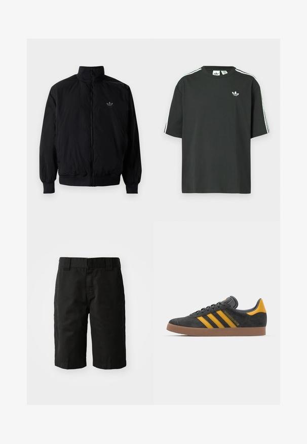 Black zipped jacket with high collar, made of lightweight material. Features elastic cuffs and waistband, with a small logo on the upper left.; Black cotton t-shirt with short sleeves, crew neckline, and white three-stripe detailing on shoulders. Features a small white logo on chest.; Black cotton shorts with a straight cut, belt loops, and a flat front. Features pockets on the sides and a smooth texture.; Black suede sneaker with yellow accents, featuring three stripes and a brown rubber sole. Includes a padded tongue for comfort.