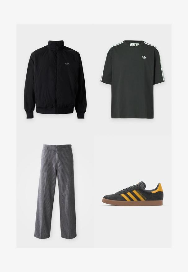 Schwarze Jacke mit Reißverschluss und hohem Kragen, aus leichtem Material gefertigt. Verfügt über elastische Bündchen und einen elastischen Saum, mit einem kleinen Logo oben links.; Schwarzes Baumwoll-T-Shirt mit kurzen Ärmeln, Rundhalsausschnitt und weißen Dreistreifen-Details auf den Schultern. Verfügt über ein kleines weißes Logo auf der Brust.; Graue Fensterpaneel-Hose mit weitem Bein, Gürtelschlaufen, flachem Vorderteil und geraden Säumen, vor einem weißen Hintergrund dargestellt.; Schwarze Wildledersneaker mit gelben Akzenten, ausgestattet mit drei Streifen und einer braunen Gummisohle. Enthält eine gepolsterte Zunge für zusätzlichen Komfort.