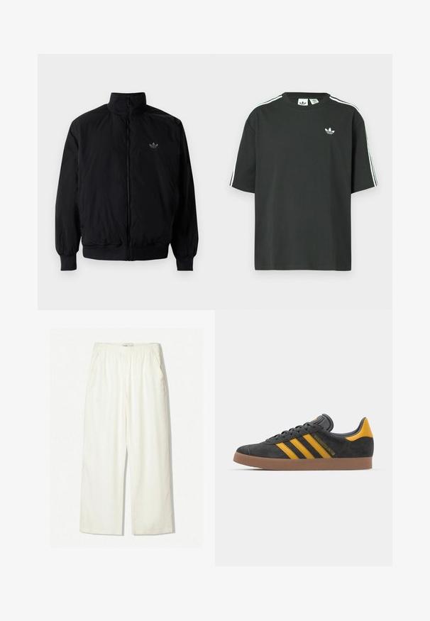 Crna jakna na zip s visokim ovratnikom, izrađena od laganog materijala. Ima elastične manžete i pojas, s malim logotipom na gornjem lijevom dijelu.; Crna pamučna majica kratkih rukava, s okruglim izrezom i bijelim detaljima u obliku triju pruga na ramenima. Na prsima se nalazi mali bijeli logotip.; Bijele hlače širokih nogavica izrađene od lagane tkanine. Imaju elastičnu stražnju traku i bočne džepove, s glatkom, blago teksturiranom površinom.; Crne nubuk tenisice s žutim detaljima, sa tri pruge i smešnim gumenim potplatom. Imaju jastučić na jeziku za udobnost.