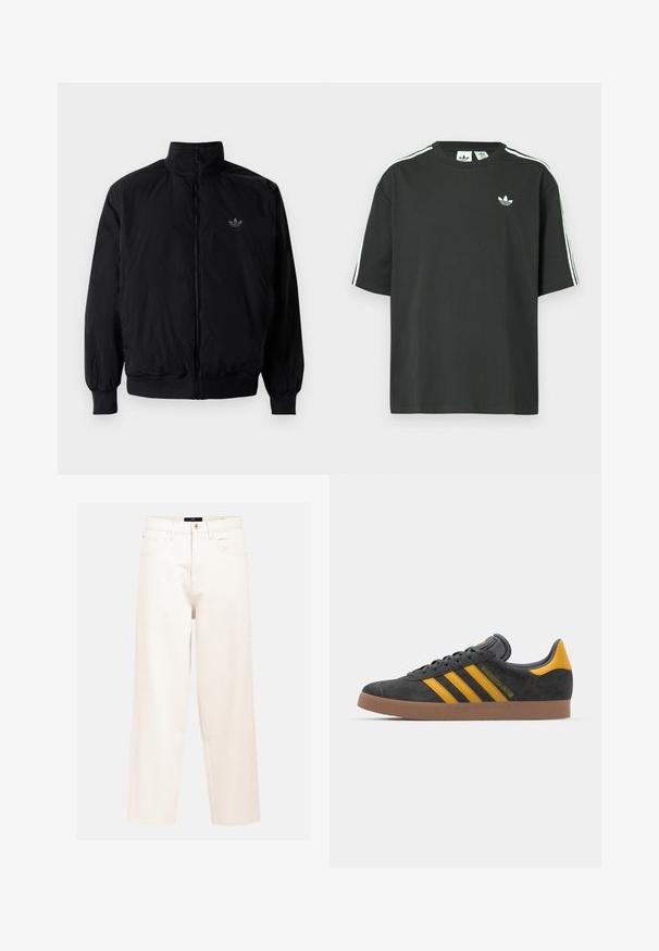 Crna jakna na zip s visokim ovratnikom, izrađena od laganog materijala. Ima elastične manžete i pojas, s malim logotipom na gornjem lijevom dijelu.; Crna pamučna majica kratkih rukava, s okruglim izrezom i bijelim detaljima u obliku triju pruga na ramenima. Na prsima se nalazi mali bijeli logotip.; Svijetlosmeđi široki traperice od pamučnog denima s visokim strukom, dizajnom s pet džepova i jednim prednjim gumbom.; Crne nubuk tenisice s žutim detaljima, sa tri pruge i smešnim gumenim potplatom. Imaju jastučić na jeziku za udobnost.