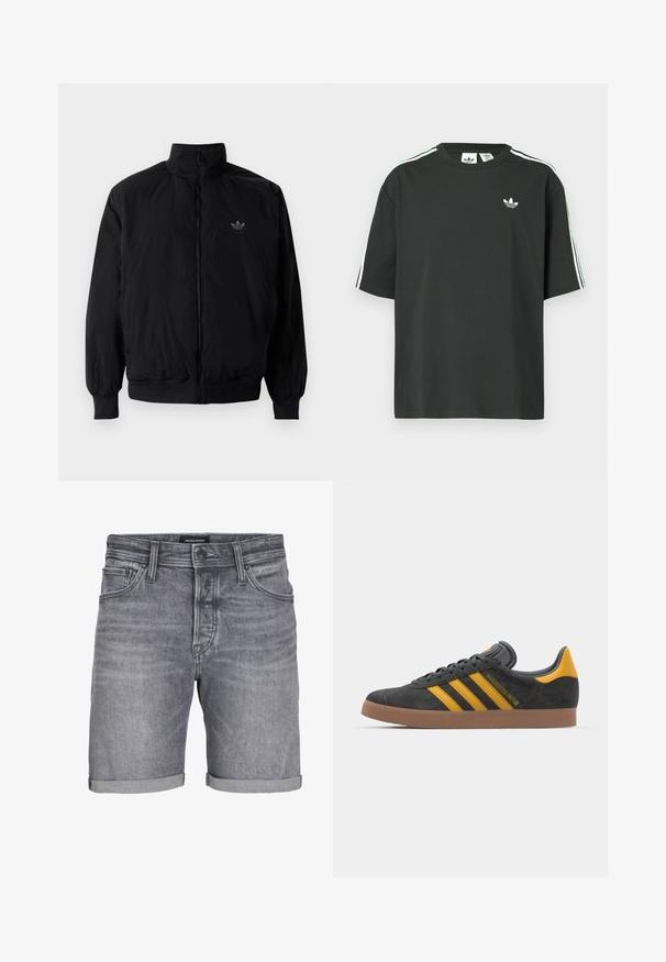 Chaqueta negra con cremallera y cuello alto, hecha de material ligero. Cuenta con puños y cinturilla elásticos, y un pequeño logo en la parte superior izquierda.; Camiseta de algodón negra con mangas cortas, cuello redondo y detalle de tres rayas blancas en los hombros. Presenta un pequeño logo blanco en el pecho.; Pantalones cortos de mezclilla gris con un aspecto ligeramente desgastado, que presentan un dobladillo enrollado, un diseño de cinco bolsillos y un cierre de botón. Etiqueta: JACK & JONES.; Zapatillas de ante negro con acentos amarillos, que presentan tres franjas y una suela de goma marrón. Incluyen una lengüeta acolchada para mayor comodidad.