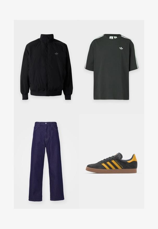 Czarna kurtka zapinana na zamek z wysokim kołnierzem, wykonana z lekkiego materiału. Posiada elastyczne mankiety i pas, oraz małe logo na górnej lewej stronie.; Czarny bawełniany t-shirt z krótkimi rękawami, okrągłym dekoltem i białym detalem w postaci trzech pasków na ramionach. Na piersi znajduje się małe białe logo.; Ciemnoniebieskie dżinsowe spodnie szerokie w nogawkach z wysokim stanem, z przednimi kieszeniami i zapięciem na guzik, o gładkiej, solidnej fakturze.; Czarne zamszowe sneakersy z żółtymi akcentami, z trzema paskami i brązową gumową podeszwą. Posiadają wyściełany język dla większego komfortu.