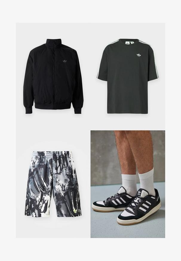 Chaqueta negra con cremallera y cuello alto, hecha de material ligero. Cuenta con puños y cinturilla elásticos, y un pequeño logo en la parte superior izquierda.; Camiseta de algodón negra con mangas cortas, cuello redondo y detalle de tres rayas blancas en los hombros. Presenta un pequeño logo blanco en el pecho.; Pantalones cortos deportivos negros y grises con un diseño de patrón, con cintura elástica, que presentan un diseño abstracto digital y un pequeño acento neón.; Zapatillas en blanco y negro con parte superior de ante y cuero, que presentan tres franjas blancas, una puntera perforada y una suela de goma.