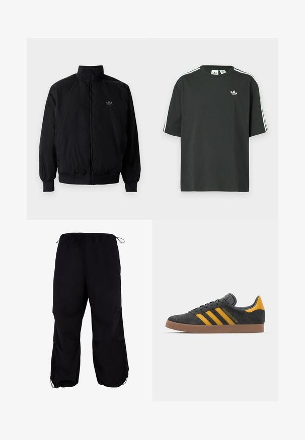 Crna jakna na zip s visokim ovratnikom, izrađena od laganog materijala. Ima elastične manžete i pojas, s malim logotipom na gornjem lijevom dijelu.; Crna pamučna majica kratkih rukava, s okruglim izrezom i bijelim detaljima u obliku triju pruga na ramenima. Na prsima se nalazi mali bijeli logotip.; Crne, široke cargo hlače s elastičnim pojasom i podesivom uzicom. Sadrže džepove sa zatvaračem i čarape za gležnjeve.; Crne nubuk tenisice s žutim detaljima, sa tri pruge i smešnim gumenim potplatom. Imaju jastučić na jeziku za udobnost.