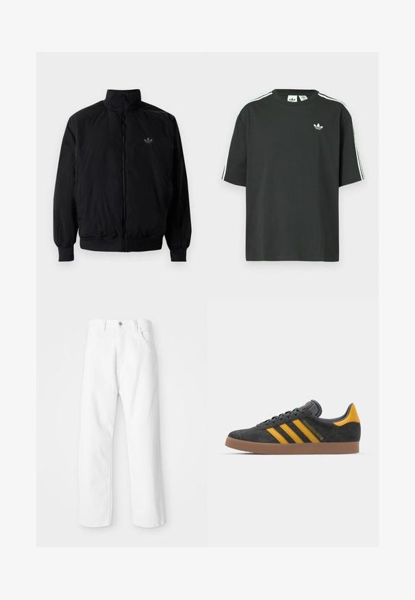 Giacca nera con zip e colletto alto, realizzata in materiale leggero. Presenta polsini e vita elastici, con un piccolo logo in alto a sinistra.; Maglietta nera in cotone con maniche corte, scollo rotondo e dettagli bianchi a tre strisce sulle spalle. Presenta un piccolo logo bianco sul petto.; Pantaloni in denim bianco con design a gamba dritta, dotati di chiusura frontale con bottone e cerniera, cinque tasche e una finitura pulita e strutturata.; Sneaker in suede nero con dettagli gialli, dotato di tre strisce e una suola in gomma marrone. Include una linguetta imbottita per il comfort.