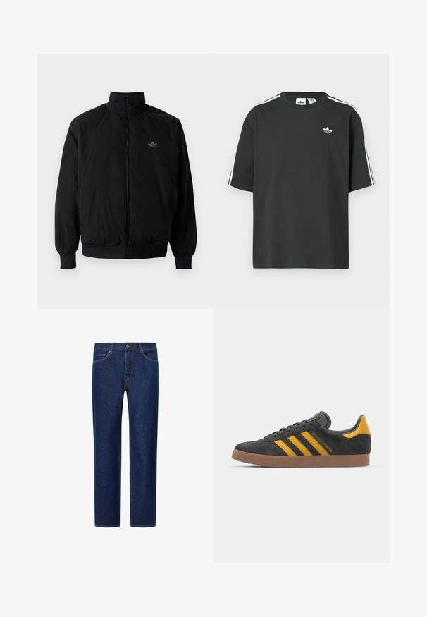 Černá zipová bunda s vysokým límcem, vyrobená z lehkého materiálu. Má elastické manžety a pas, s malým logem na horní levé straně.; Černé bavlněné tričko s krátkými rukávy, kulatým výstřihem a bílými třemi pruhy na ramenou. Na hrudi je malá bílá logo.; Tmavě modré džíny z denimu s rovný střih, s luxusním zlatým prošitím, předními kapsami a zapínáním na knoflíky. Hladká textura a klasický design.; Černé semišové tenisky se žlutými akcenty, vybavené třemi pruhy a hnědou gumovou podrážkou. Obsahují polstrovaný jazyk pro pohodlí.
