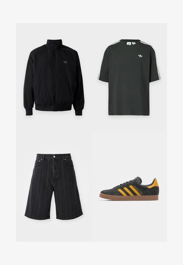 Veste noire à fermeture éclair avec col haut, fabriquée en matériau léger. Dotée de poignets et d'une taille élastiques, avec un petit logo en haut à gauche.; T-shirt en coton noir à manches courtes, col rond, avec un détail blanc à trois bandes sur les épaules. Présente un petit logo blanc sur la poitrine.; Shorts en denim noir à jambes larges, dotés de rayures verticales, de poches avant et de détails en métal.; Baskets en suede noir avec des accents jaunes, présentant trois rayures et une semelle en caoutchouc marron. Comprend une languette rembourrée pour le confort.