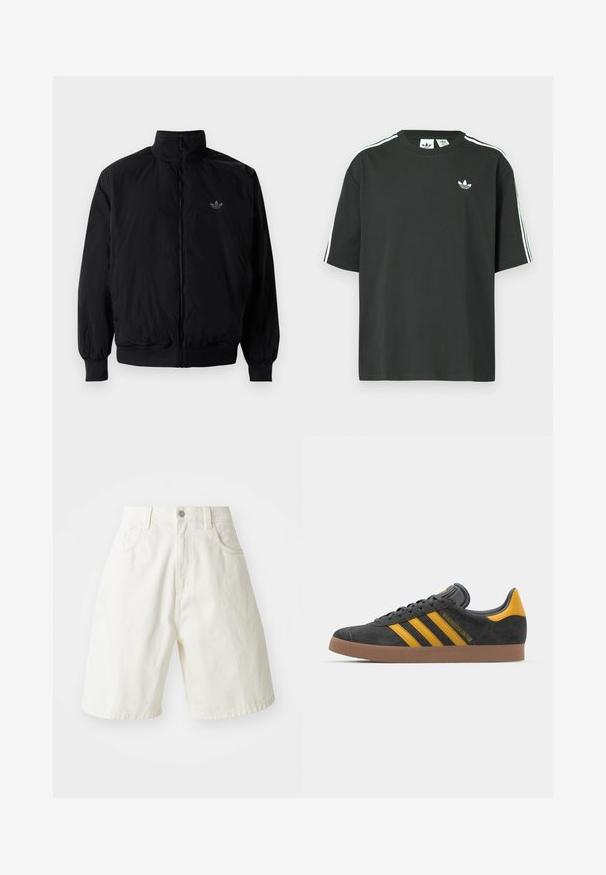 Czarna kurtka zapinana na zamek z wysokim kołnierzem, wykonana z lekkiego materiału. Posiada elastyczne mankiety i pas, oraz małe logo na górnej lewej stronie.; Czarny bawełniany t-shirt z krótkimi rękawami, okrągłym dekoltem i białym detalem w postaci trzech pasków na ramionach. Na piersi znajduje się małe białe logo.; Białe szorty dżinsowe o luźnym kroju, z elastycznym paskiem, pięcioma kieszeniami i prostymi nogawkami. Tkanina ma lekko teksturowaną powierzchnię.; Czarne zamszowe sneakersy z żółtymi akcentami, z trzema paskami i brązową gumową podeszwą. Posiadają wyściełany język dla większego komfortu.