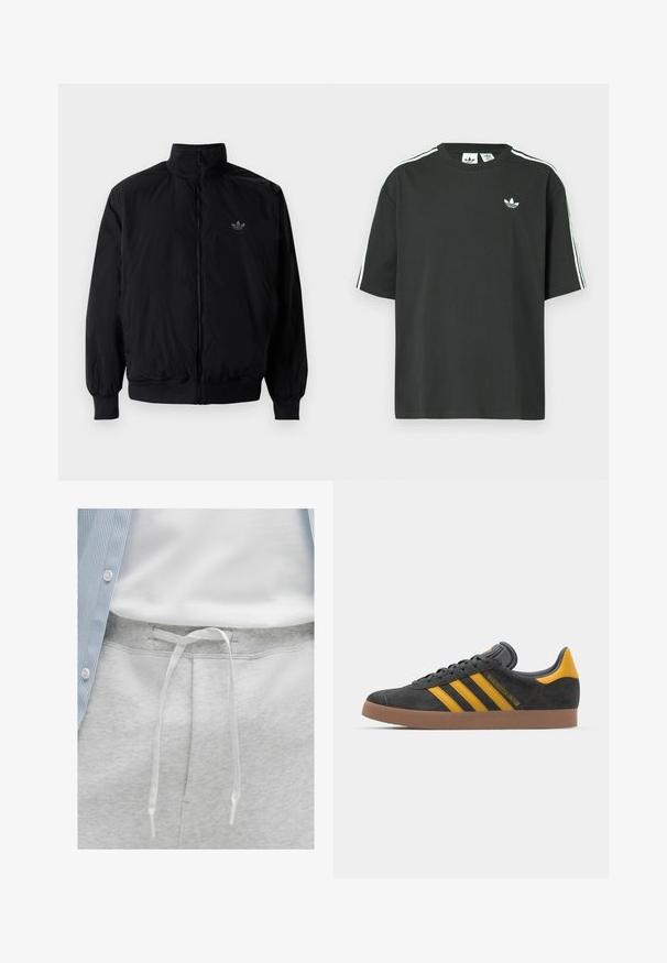 Giacca nera con zip e colletto alto, realizzata in materiale leggero. Presenta polsini e vita elastici, con un piccolo logo in alto a sinistra.; Maglietta nera in cotone con maniche corte, scollo rotondo e dettagli bianchi a tre strisce sulle spalle. Presenta un piccolo logo bianco sul petto.; Pantaloni da tuta grigi chiari con una texture morbida, dotati di una chiusura con cordino bianco e di una vita a costine. Camicia a maniche lunghe a righe blu sopra.; Sneaker in suede nero con dettagli gialli, dotato di tre strisce e una suola in gomma marrone. Include una linguetta imbottita per il comfort.