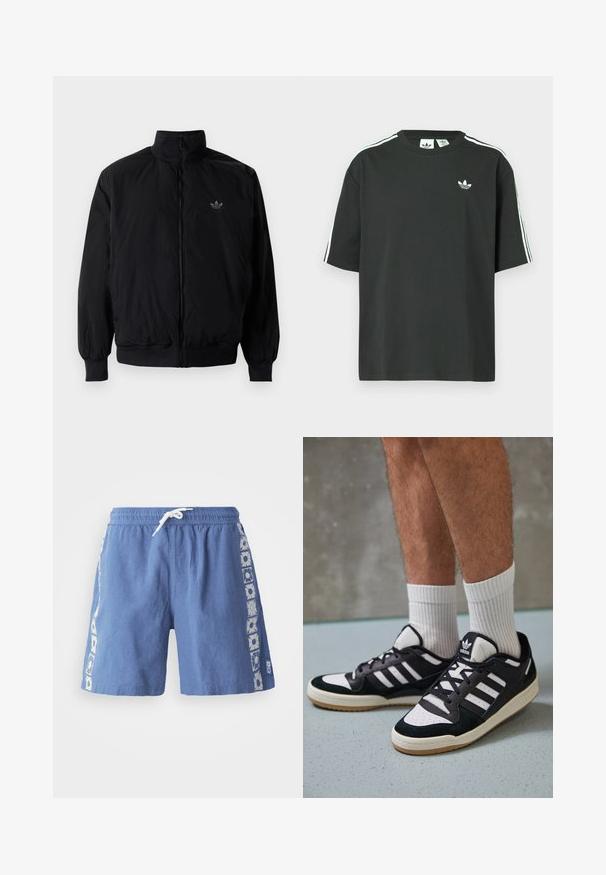 Black zipped jacket with high collar, made of lightweight material. Features elastic cuffs and waistband, with a small logo on the upper left.; Black cotton t-shirt with short sleeves, crew neckline, and white three-stripe detailing on shoulders. Features a small white logo on chest.; Blue swim shorts made of lightweight fabric, featuring a drawstring waistband and floral printed accents along the sides.; Black and white sneakers with a suede and leather upper, featuring three white stripes, a perforated toe, and a gum rubber sole.