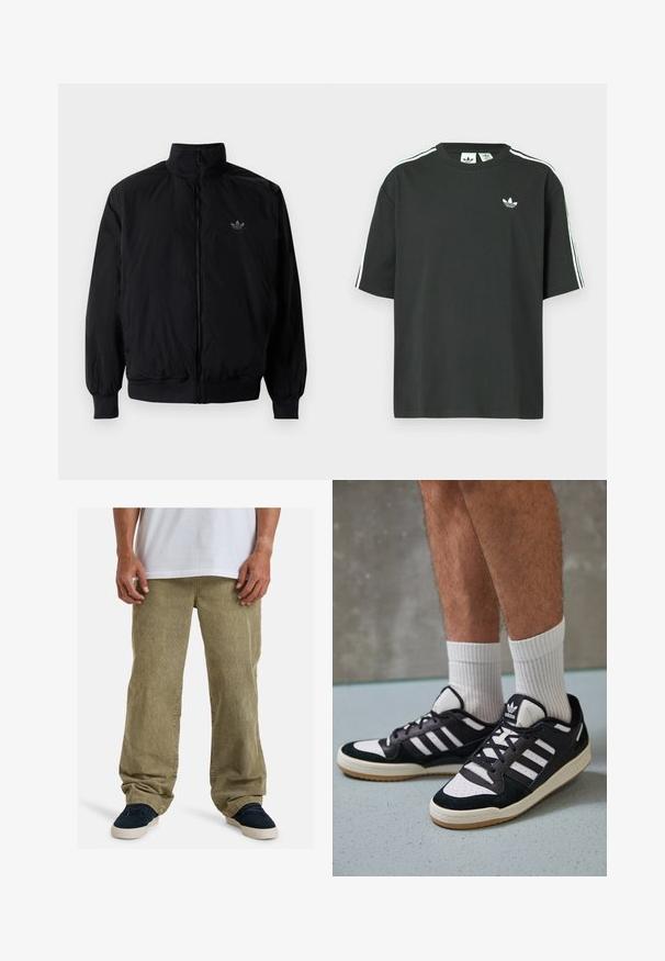 Sort lynlåsjakke med høj krave, fremstillet af letvægtsmateriale. Har elastiske manchetter og talje, med et lille logo på øverste venstre side.; Sort bomulds-T-shirt med korte ærmer, rund hals og hvide tre-stribede detaljer på skuldrene. Har et lille hvidt logo på brystet.; Olivenfarvede kordfløjlsbukser med en afslappet pasform, der har lige ben, sidelommer og synlig tekstur fra rillet stof.; Sorte og hvide sneakers med en overdel i ruskind og læder, der har tre hvide striber, en perforeret tå og en sål i gummigummi.