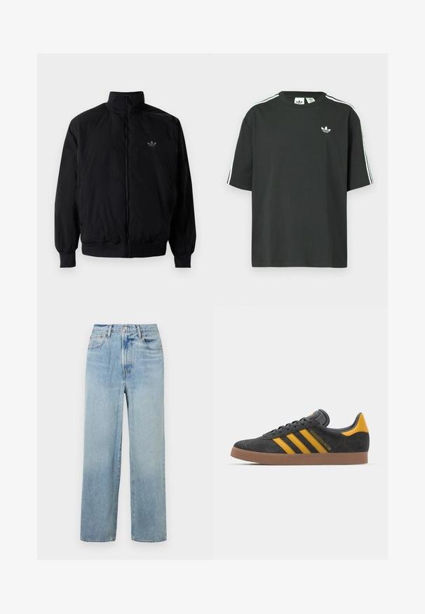Czarna kurtka zapinana na zamek z wysokim kołnierzem, wykonana z lekkiego materiału. Posiada elastyczne mankiety i pas, oraz małe logo na górnej lewej stronie.; Czarny bawełniany t-shirt z krótkimi rękawami, okrągłym dekoltem i białym detalem w postaci trzech pasków na ramionach. Na piersi znajduje się małe białe logo.; Jasnoniebieskie dżinsy o prostym kroju z wysokim stanem, z pięcioma kieszeniami i delikatnym wytarciem. Surowe wykończenie u dołu i kontrastowe przeszycia.; Czarne zamszowe sneakersy z żółtymi akcentami, z trzema paskami i brązową gumową podeszwą. Posiadają wyściełany język dla większego komfortu.