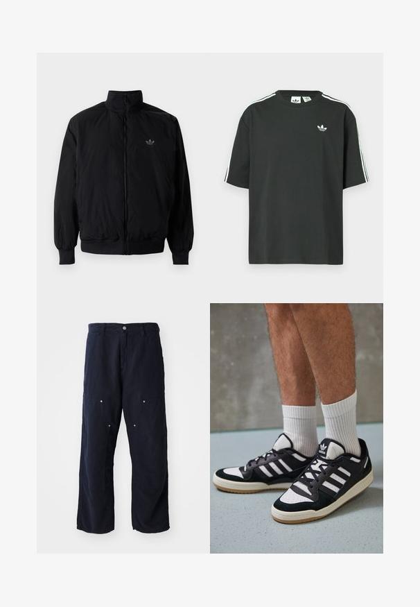 Black zipped jacket with high collar, made of lightweight material. Features elastic cuffs and waistband, with a small logo on the upper left.; Black cotton t-shirt with short sleeves, crew neckline, and white three-stripe detailing on shoulders. Features a small white logo on chest.; Navy blue wide-leg pants made of cotton with a textured finish. Features two front pockets with button accents and a front button closure.; Black and white sneakers with a suede and leather upper, featuring three white stripes, a perforated toe, and a gum rubber sole.