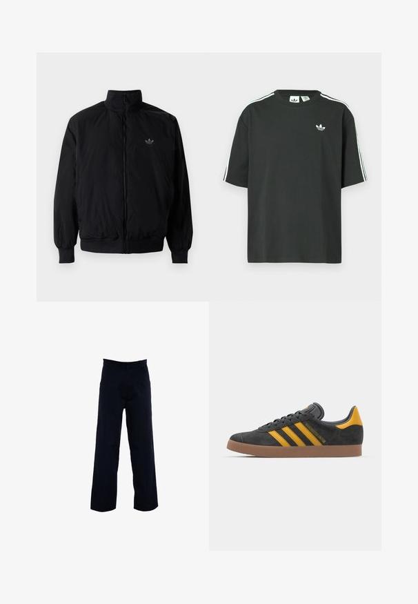 Black zipped jacket with high collar, made of lightweight material. Features elastic cuffs and waistband, with a small logo on the upper left.; Black cotton t-shirt with short sleeves, crew neckline, and white three-stripe detailing on shoulders. Features a small white logo on chest.; Dark navy trousers with a straight-leg design, crafted from a smooth fabric, featuring side pockets and a classic waistband.; Black suede sneaker with yellow accents, featuring three stripes and a brown rubber sole. Includes a padded tongue for comfort.