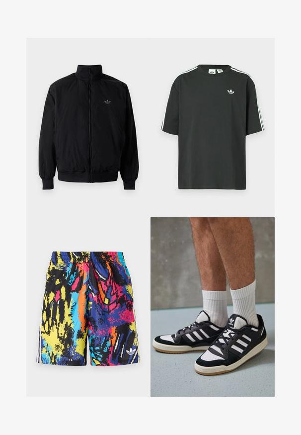 Black zipped jacket with high collar, made of lightweight material. Features elastic cuffs and waistband, with a small logo on the upper left.; Black cotton t-shirt with short sleeves, crew neckline, and white three-stripe detailing on shoulders. Features a small white logo on chest.; Multicolored swim shorts featuring an abstract pattern with black, blue, yellow, pink, and orange. Elastic waistband with side stripes.; Black and white sneakers with a suede and leather upper, featuring three white stripes, a perforated toe, and a gum rubber sole.