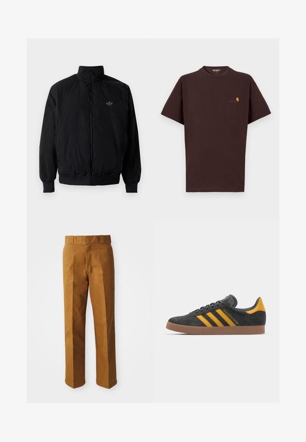 Black zipped jacket with high collar, made of lightweight material. Features elastic cuffs and waistband, with a small logo on the upper left.; Brown cotton t-shirt with short sleeves, round neckline, left chest logo in orange and red, straight hem, and relaxed fit.; Brown, tailored trousers with a smooth texture, featuring a straight leg design, pleats at the front, and a standard waistband.; Black suede sneaker with yellow accents, featuring three stripes and a brown rubber sole. Includes a padded tongue for comfort.