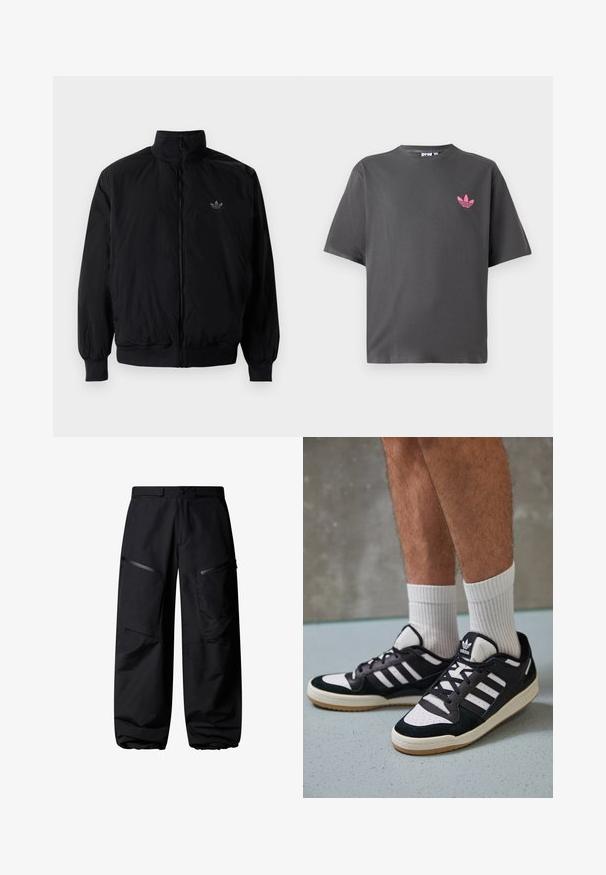 Crna jakna na zip s visokim ovratnikom, izrađena od laganog materijala. Ima elastične manžete i pojas, s malim logotipom na gornjem lijevom dijelu.; Tamno sivi T-shirt kratkih rukava s malim ružičastim Adidas trefoil logom na lijevoj strani prsnog koša, prikazan na bijeloj pozadini.; Crne cargo hlače s širokim krojem, s više zatvorenih džepova i elastičnim manžetama. Napravljene od laganog, izdržljivog materijala.; Crne i bijele tenisice s gornjim dijelom od antilopa i kože, s tri bijele pruge, perforiranim prstom i gumiranim potplatom.