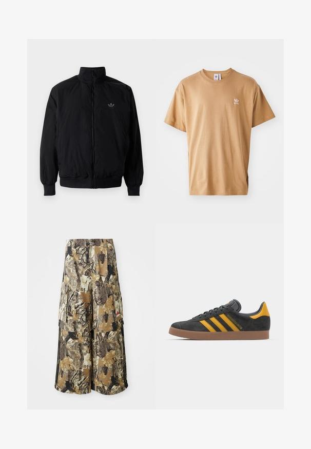 Svart zipjacka med hög krage, tillverkad av lätt material. Har elastiska cuffar och midja, med en liten logo på övre vänster.; Brun bomull t-shirt med rund hals och korta ärmar. Har en liten vit Adidas-logotyp på vänster bröst. Mjuk textur, avslappnad passform.; Kamouflage cargobyxor i brunt och beige med lövmönster, flera sidofickor och lös passform. Har svarta sidostråck och knäppning med knappar.; Svart mockaskor med gula accenter, med tre ränder och en brun gummisula. Inkluderar en vadderad tunga för extra komfort.