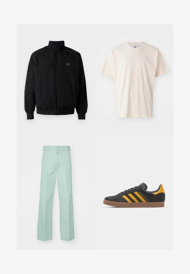 Czarna kurtka zapinana na zamek z wysokim kołnierzem, wykonana z lekkiego materiału. Posiada elastyczne mankiety i pas, oraz małe logo na górnej lewej stronie.; Kremowa bawełniana koszulka z okrągłym dekoltem i krótkimi rękawami; posiada małe, jasne logo na piersi.; Jasnozielone spodnie wykonane z bawełny, z prostym krojem nogawki, charakteryzujące się gładką teksturą oraz standardowym pasem ze szlufkami na pasek.; Czarne zamszowe sneakersy z żółtymi akcentami, z trzema paskami i brązową gumową podeszwą. Posiadają wyściełany język dla większego komfortu.