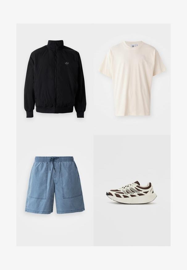 Musta vetoketjullinen takki, jossa on korkea kaulus, valmistettu kevyestä materiaalista. Varustettu joustavilla hihoilla ja vyötäröllä, ja ylävasemmalla on pieni logo.; Kerman puuvillapaita, jossa on pyöreä kaula-aukko ja lyhyet hihat; rinnassa on pieni, vaaleanvärinen logo.; Lyocell sekoitus shortsit vaaleansinisellä värillä, joustavalla vyötäröllä, säädettävällä nauhalla, kahdella suurella etutaskulla ja rentoon istuvuuteen.; Ruskea ja kerma sneaker, jossa on verkko-yläosa, teksturoidut päällysteet ja pyöreä, paksu valkoinen pohja. Sisältää matalaprofiilisen kieli ja nyörit.