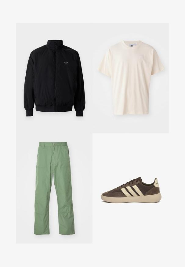 Giacca nera con zip e colletto alto, realizzata in materiale leggero. Presenta polsini e vita elastici, con un piccolo logo in alto a sinistra.; T-shirt in cotone crema con scollatura rotonda e maniche corte; presenta un piccolo logo chiaro sul petto.; Pantaloni verdi chiaro, dal taglio morbido, caratterizzati da una superficie liscia, con tasche laterali e dettagli di cucitura in vista. A lunghezza intera con un design a gamba dritta.; Sneaker in camoscio marrone con tre strisce bianche, punta arrotondata, suola spessa in gomma e marchio minimo sul tallone.