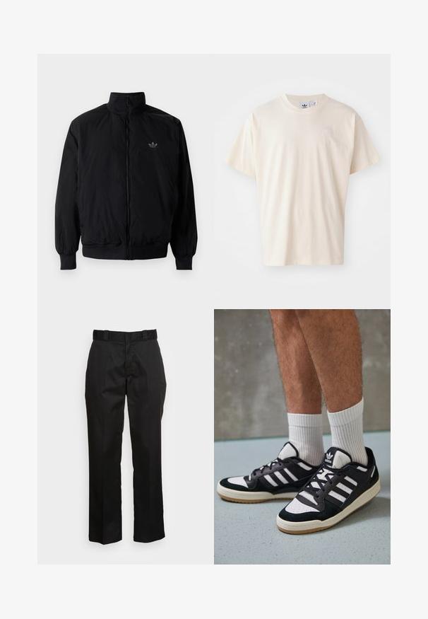 Crna jakna na zip s visokim ovratnikom, izrađena od laganog materijala. Ima elastične manžete i pojas, s malim logotipom na gornjem lijevom dijelu.; Kremasta pamučna majica s okruglim izrezom i kratkim rukavima; sadrži mali, svijetli logotip na prsima.; Crne hlače izrađene od glatkog materijala, s ravnim krojem, petljama za pojas i dva bočna džepa. Klasičan izgled bez ukrasa.; Crne i bijele tenisice s gornjim dijelom od antilopa i kože, s tri bijele pruge, perforiranim prstom i gumiranim potplatom.