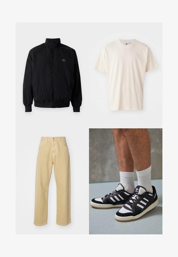 Black zipped jacket with high collar, made of lightweight material. Features elastic cuffs and waistband, with a small logo on the upper left.; Cream cotton t-shirt with a round neckline and short sleeves; features a small, light-colored logo on the chest.; Beige denim trousers with a straight leg design, featuring five pockets, a button closure, and a clean hem finish. Soft texture.; Black and white sneakers with a suede and leather upper, featuring three white stripes, a perforated toe, and a gum rubber sole.