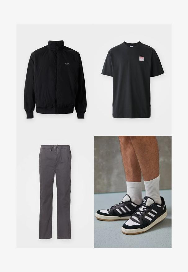 Black zipped jacket with high collar, made of lightweight material. Features elastic cuffs and waistband, with a small logo on the upper left.; Black cotton t-shirt with a crew neck, short sleeves, and a small colored label on the left chest featuring the word "SUPERIOR."; Gray, lightweight pants with a relaxed fit, elastic waist with drawstring, side pockets, and a smooth, soft texture.; Black and white sneakers with a suede and leather upper, featuring three white stripes, a perforated toe, and a gum rubber sole.