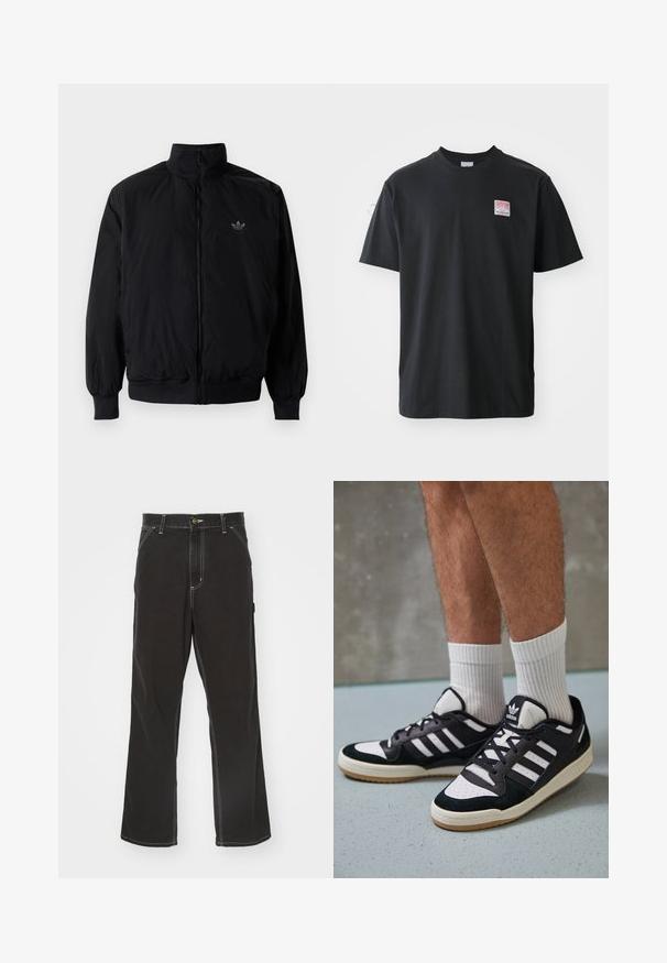 Black zipped jacket with high collar, made of lightweight material. Features elastic cuffs and waistband, with a small logo on the upper left.; Black cotton t-shirt with a crew neck, short sleeves, and a small colored label on the left chest featuring the word "SUPERIOR."; Black denim trousers with a straight leg cut, contrast white stitching, front pockets, and a button closure at the waist.; Black and white sneakers with a suede and leather upper, featuring three white stripes, a perforated toe, and a gum rubber sole.