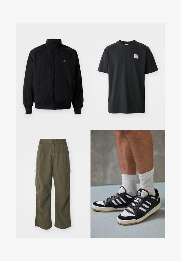 Musta vetoketjullinen takki, jossa on korkea kaulus, valmistettu kevyestä materiaalista. Varustettu joustavilla hihoilla ja vyötäröllä, ja ylävasemmalla on pieni logo.; Mustat puuvillapaidat, joissa on pyöreä kaula-aukko, lyhyet hihat ja pieni värillinen etiketti vasemmassa rinnassa, jossa on sanat "SUPERIOR."; Vihreät cargo-housut, valmistettu puuvillasta, leveällä lahjesuunnittelulla, taitoksilla ja sivutaskuilla käytännöllisyyttä varten.; Valkoiset ja mustat tennarit, joissa on mokkanahka- ja nahkapäällinen, kolme valkoista raitaa, rei'itetty kärki ja kumipohja.