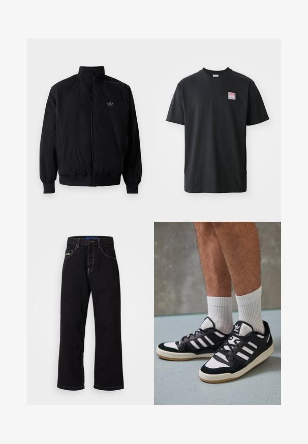 Black zipped jacket with high collar, made of lightweight material. Features elastic cuffs and waistband, with a small logo on the upper left.; Black cotton t-shirt with a crew neck, short sleeves, and a small colored label on the left chest featuring the word "SUPERIOR."; Black denim pants with a straight cut, featuring contrast stitching and a side pocket. Notable green logo on the front left pocket.; Black and white sneakers with a suede and leather upper, featuring three white stripes, a perforated toe, and a gum rubber sole.