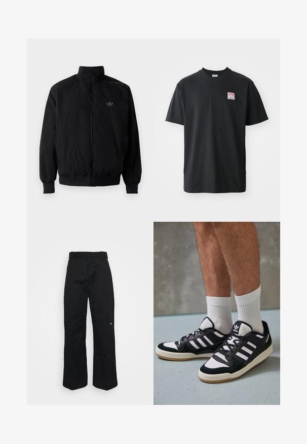 Crna jakna na zip s visokim ovratnikom, izrađena od laganog materijala. Ima elastične manžete i pojas, s malim logotipom na gornjem lijevom dijelu.; Crna pamučna majica s okruglim izrezom, kratkim rukavima i malom obojenom etiketom na lijevoj strani prsiju na kojoj piše "SUPERIOR."; Crne hlače širokog kroja s glatkom teksturom, koje imaju običan pojas i mali izvezeni logo blizu desne noge.; Crne i bijele tenisice s gornjim dijelom od antilopa i kože, s tri bijele pruge, perforiranim prstom i gumiranim potplatom.