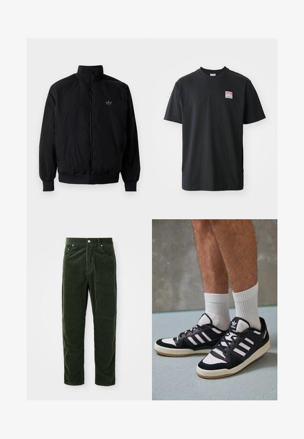 Černá zipová bunda s vysokým límcem, vyrobená z lehkého materiálu. Má elastické manžety a pas, s malým logem na horní levé straně.; Černé bavlněné tričko s kulatým výstřihem, krátkými rukávy a malou barevnou nálepkou na levé straně hrudi, která nese slovo "SUPERIOR."; Zelené kordové kalhoty s vertikální jemnou texturou, nabízející zapínání na knoflík, dvě přední kapsy a rovný střih nohavic.; Černobílé tenisky s vrchní částí z semišové a kožené kůže, včetně tří bílých pruhů, perforovaného špičky a podrážky z gumy.